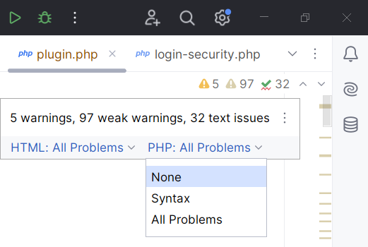 Turn off Code Inspections for One File in PhpStorm